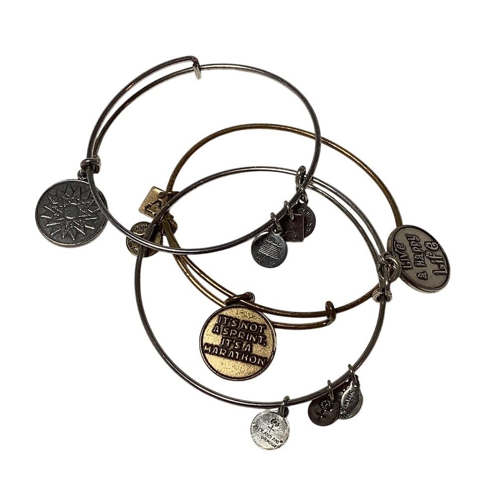 Alex and Ani Silver Gold Tone Lot of 3 Marathon Sun Charm Bangle Bracelet A7-62